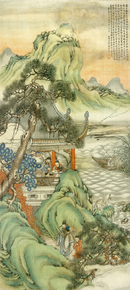 Auktionshaus Quentin Berlin  Asiatika China  Rollbild  Weite Landschaft mit Tempel und zahlreichen Personen  Boot und Vögeln